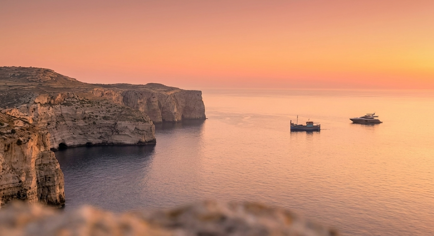 Gozo cliffs at sunset — the Mediterranean bathed in pearl and amber light