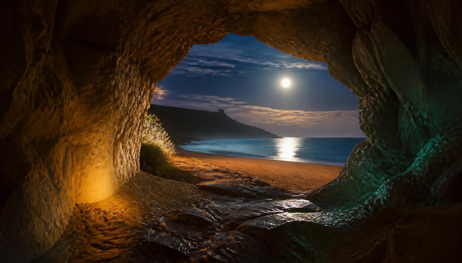 The mouth of Calypso's Cave above Ramla Bay under a full moon, Gozo